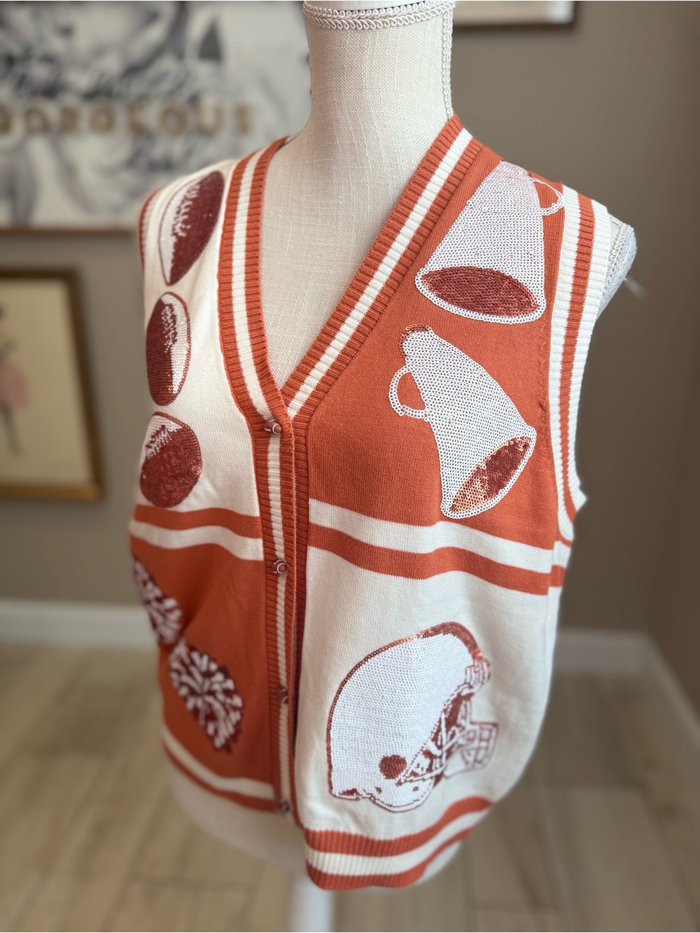 QUEEN OF SPARKLES Orange & White Knit Sequin Football Icon Sweater Vest